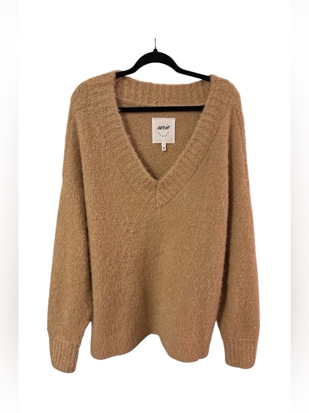 aerie V-Neck Cozy Knit Sweater in Camel Brown